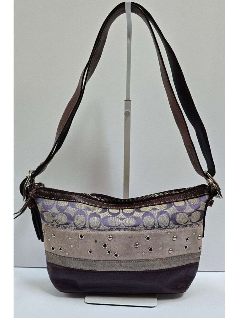 Coach F13078 Y2K Signature Patchwork Shoulder Bag Purple Suede Leather Studded